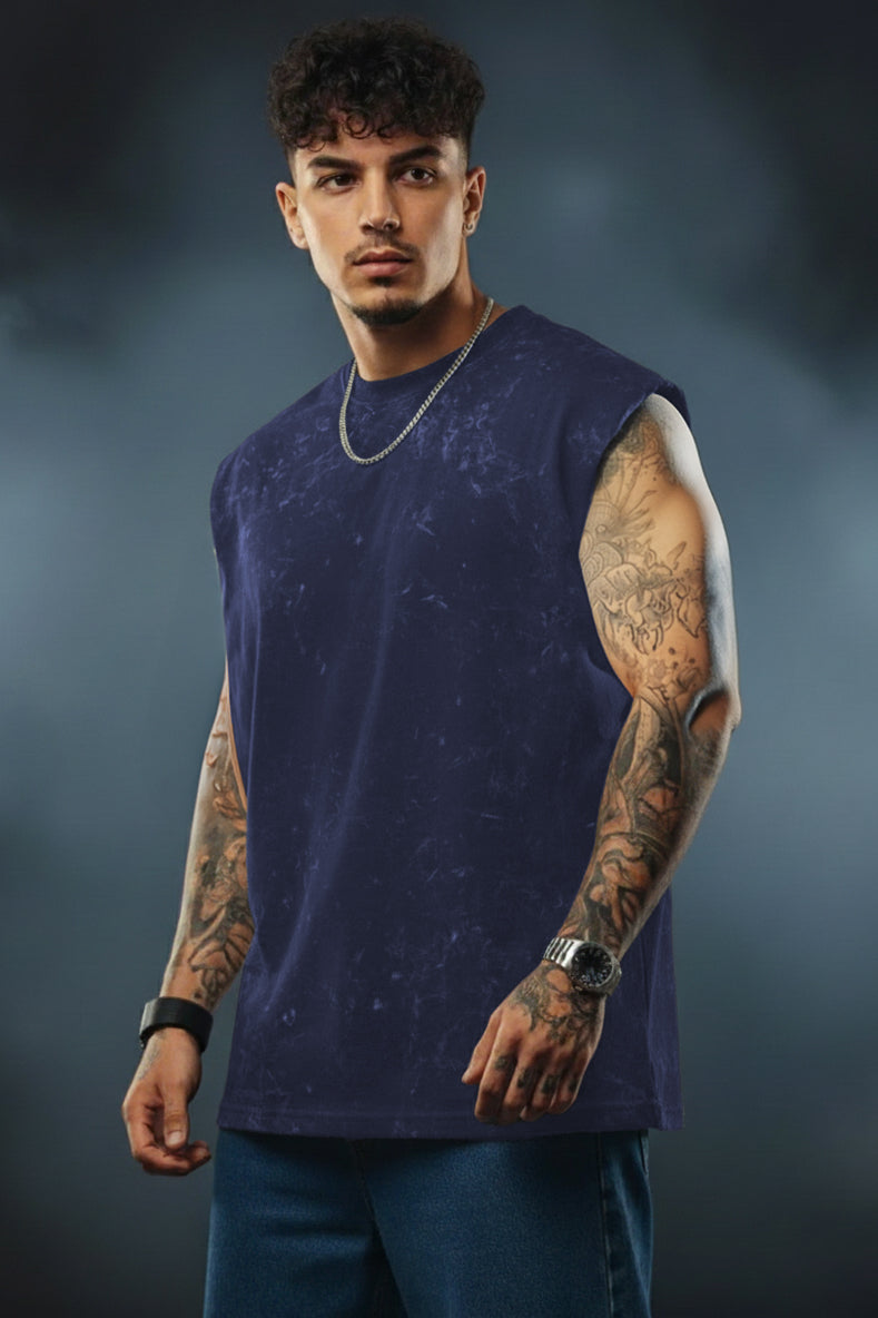 Navy-Premium Acid-Wash Tank T-Shirt | 100% Cotton