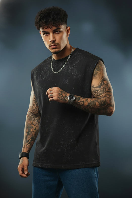 Premium Acid Wash Tank Top - Black