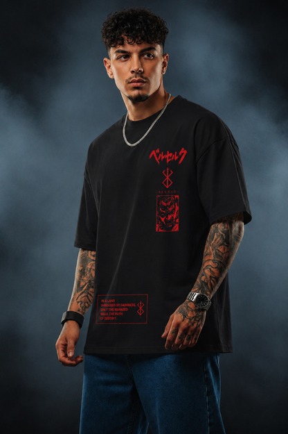 Berserk Anime Oversized Black T-Shirt – Guts Red Moon Graphic Streetwear Tee