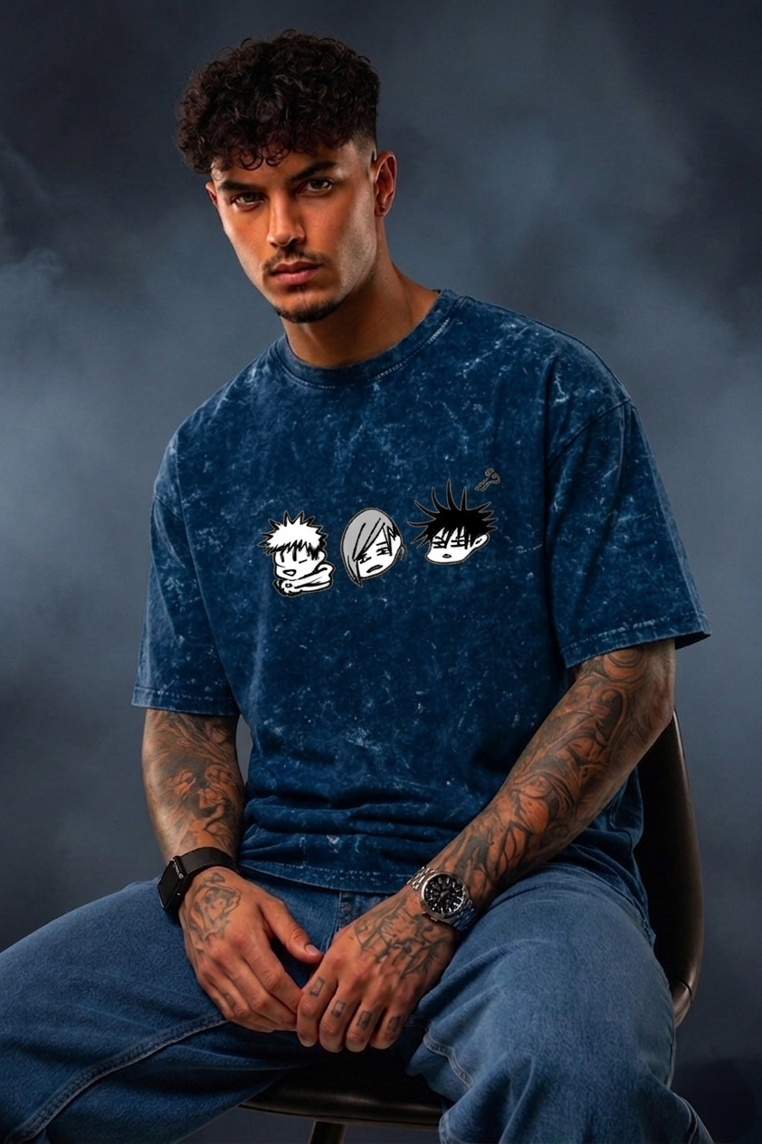 Anime Trio Oversized Acid Wash T-Shirt for Men | Pure Cotton Streetwear Tee