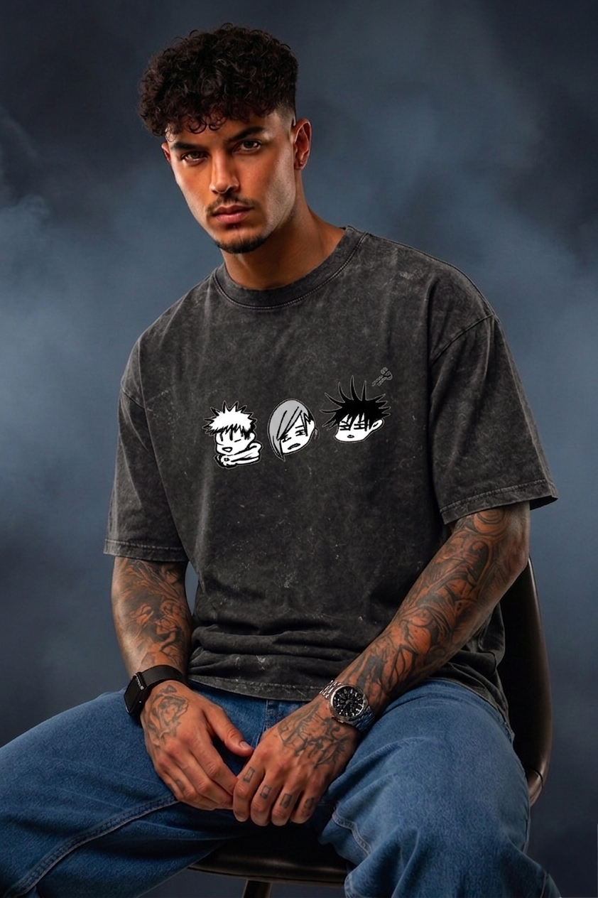 Anime Trio Oversized Acid Wash T-Shirt for Men | Pure Cotton Streetwear Tee