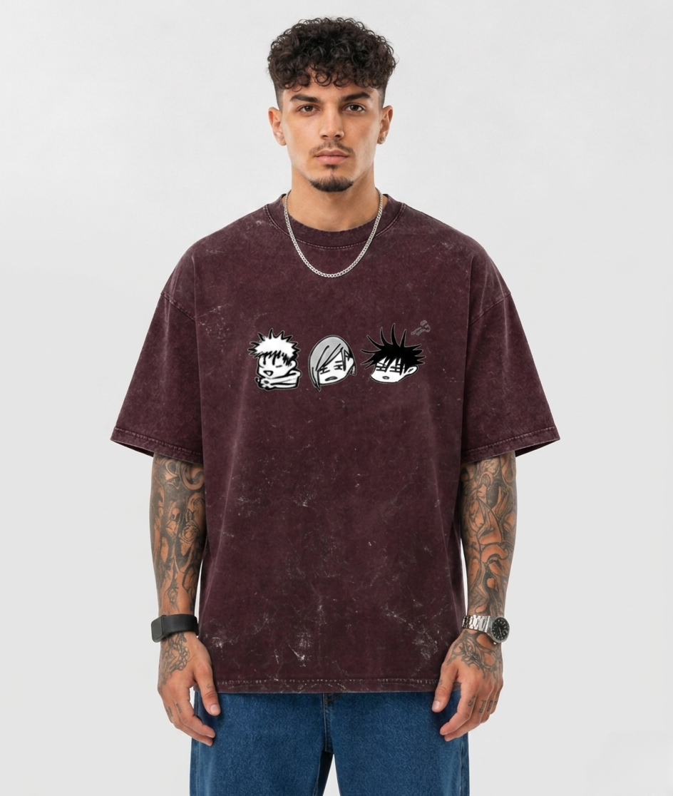 Anime Trio Oversized Acid Wash T-Shirt for Men | Pure Cotton Streetwear Tee