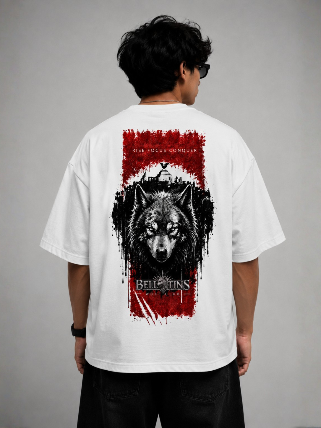 Bellatins Wolf Club Oversized T-Shirt – Rise Focus Conquer | Premium 240 GSM Cotton
