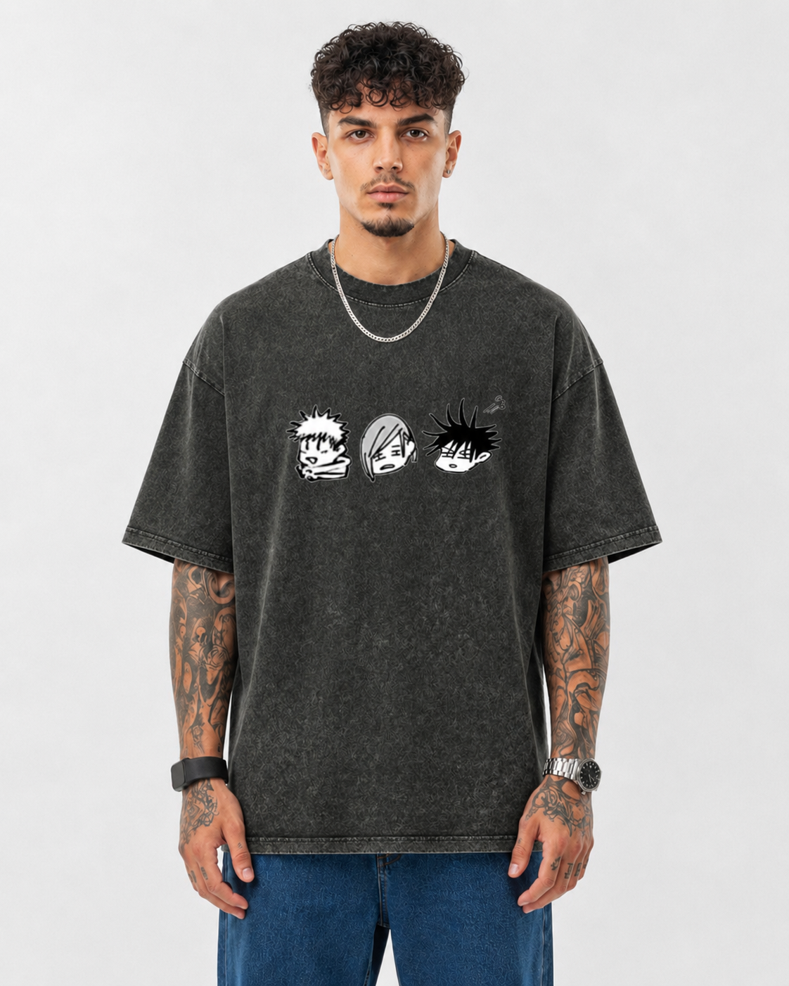 Anime Trio Oversized Acid Wash T-Shirt for Men | Pure Cotton Streetwear Tee