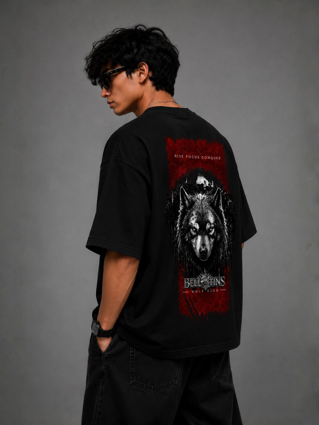 Bellatins Wolf Club Oversized T-Shirt – Rise Focus Conquer | Premium 240 GSM Cotton