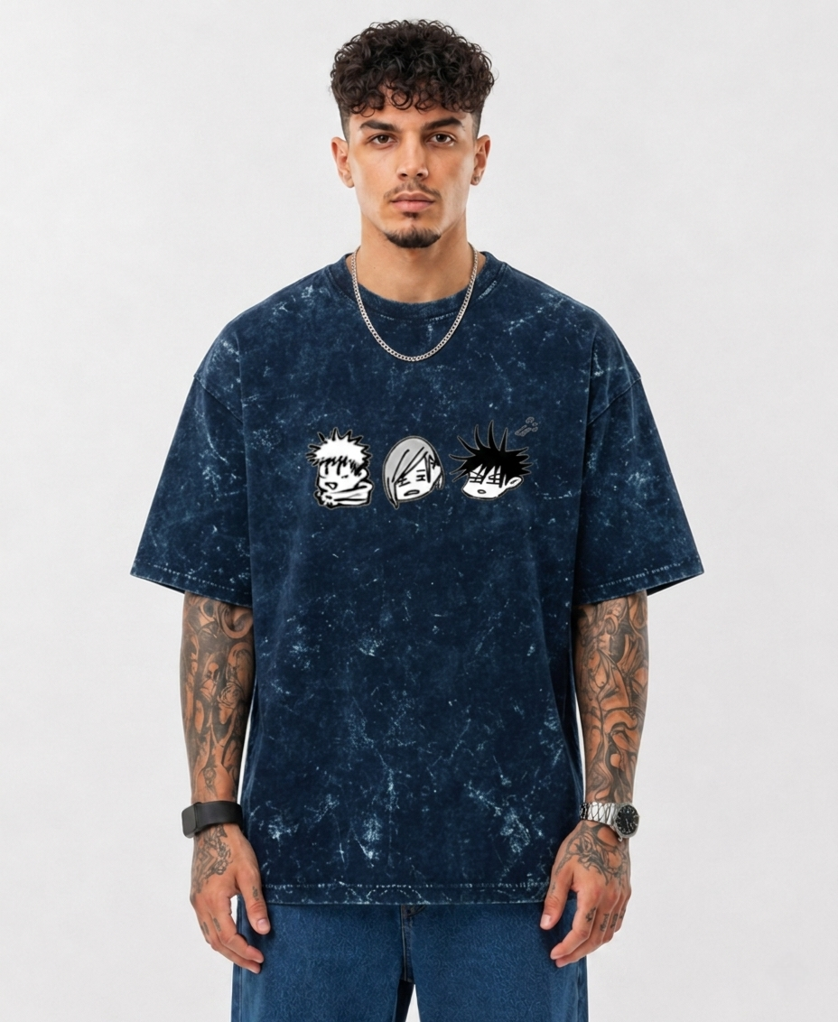 Anime Trio Oversized Acid Wash T-Shirt for Men | Pure Cotton Streetwear Tee