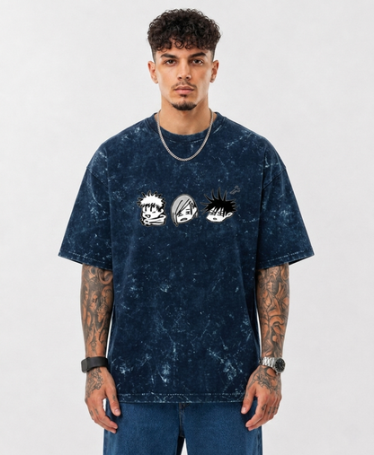 Anime Trio Oversized Acid Wash T-Shirt for Men | Pure Cotton Streetwear Tee