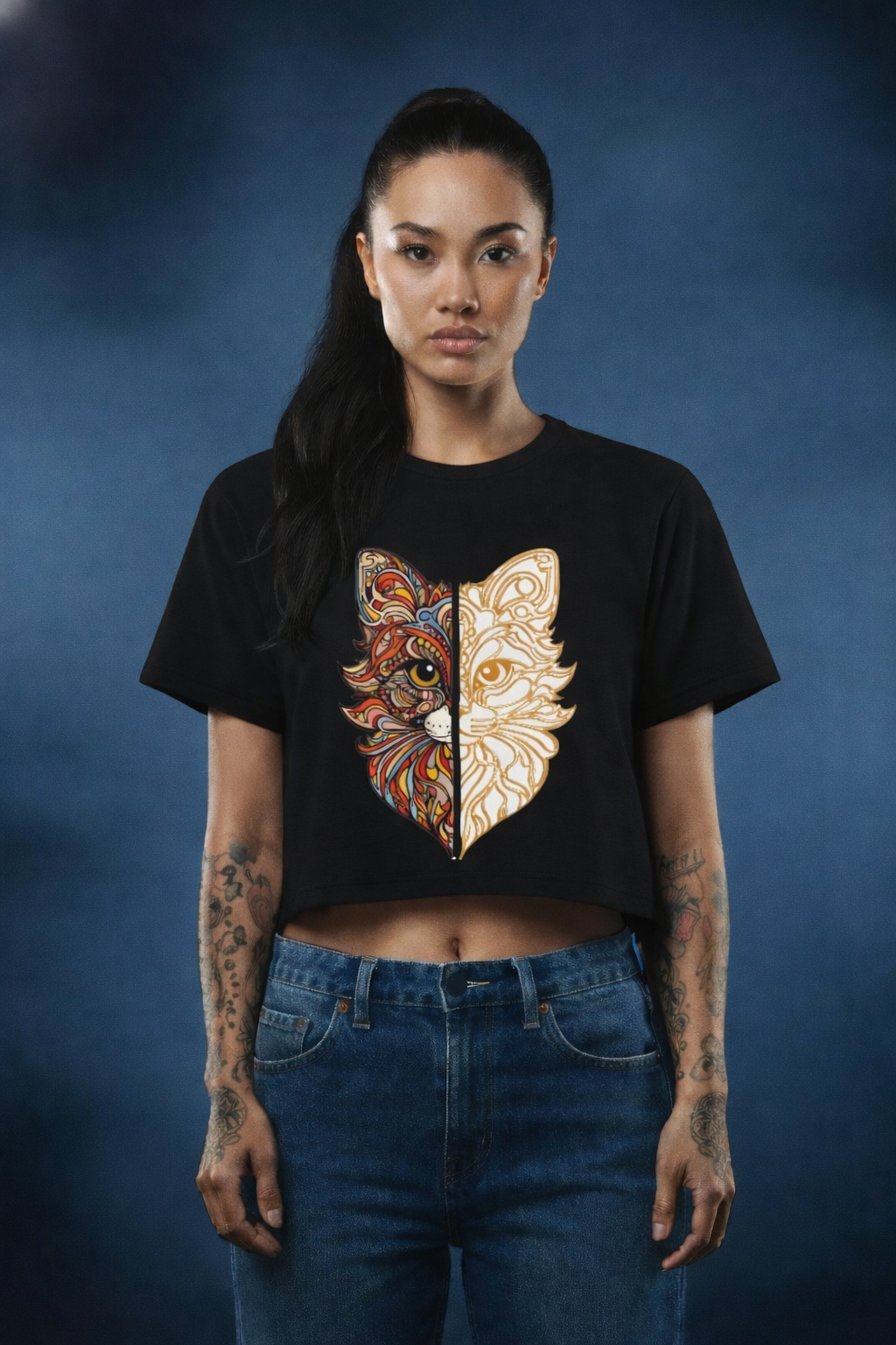 Artistic Split Cat Graphic Crop Top