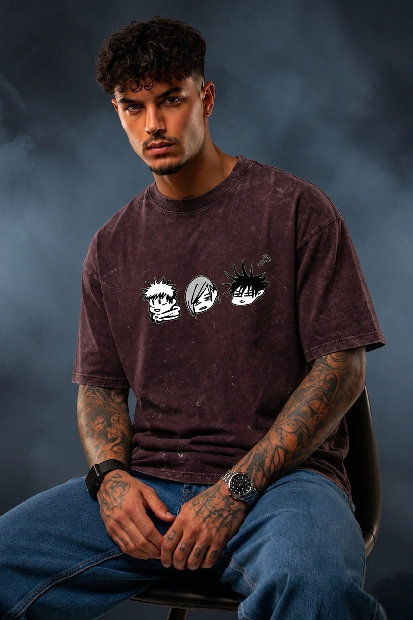 Anime Trio Oversized Acid Wash T-Shirt for Men | Pure Cotton Streetwear Tee