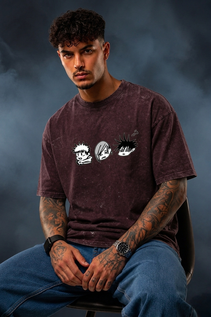 Anime Trio Oversized Acid Wash T-Shirt for Men | Pure Cotton Streetwear Tee