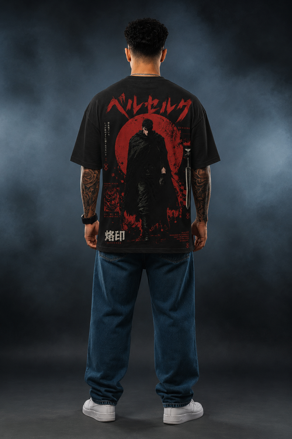 Berserk Anime Oversized Black T-Shirt – Guts Red Moon Graphic Streetwear Tee