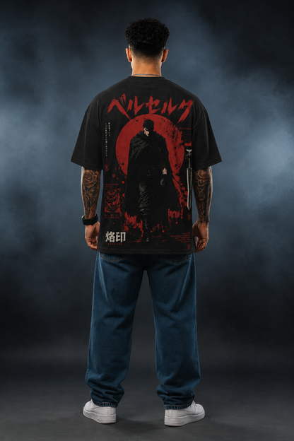 Berserk Anime Oversized Black T-Shirt – Guts Red Moon Graphic Streetwear Tee