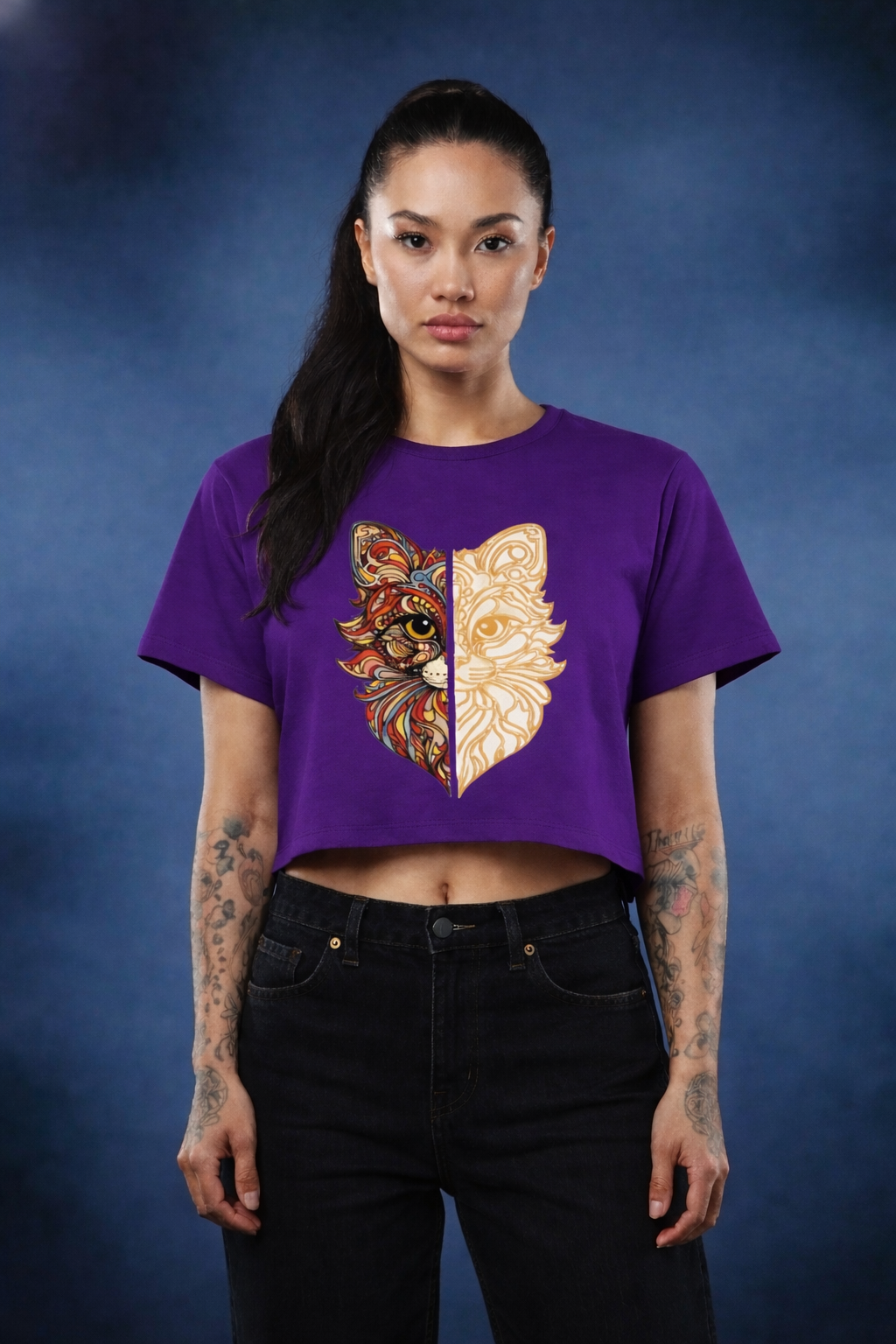 Artistic Split Cat Graphic Crop Top