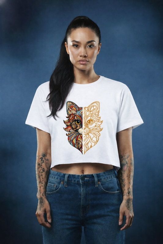 Artistic Split Cat Graphic Crop Top