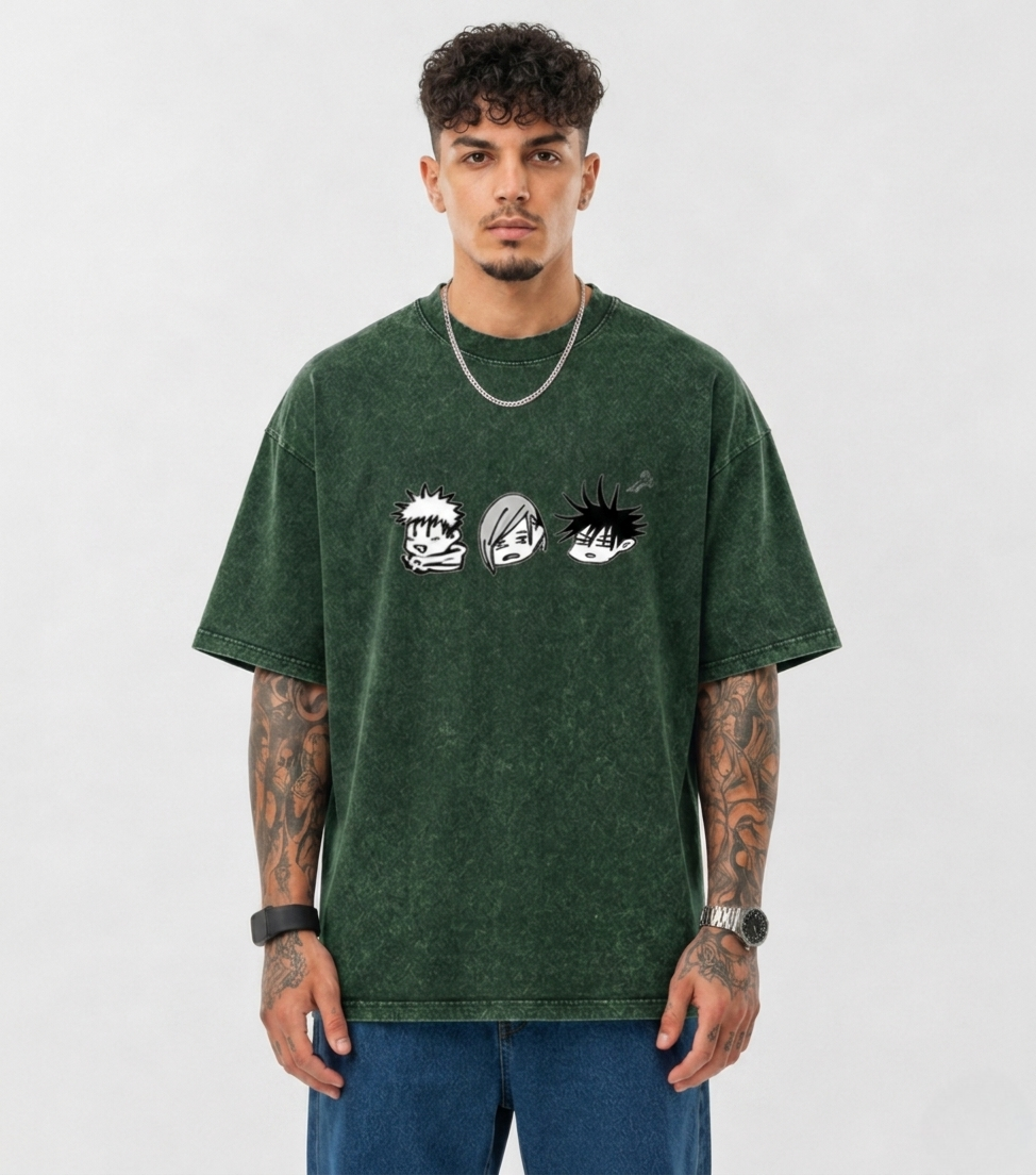 Anime Trio Oversized Acid Wash T-Shirt for Men | Pure Cotton Streetwear Tee