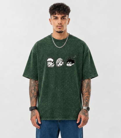 Anime Trio Oversized Acid Wash T-Shirt for Men | Pure Cotton Streetwear Tee
