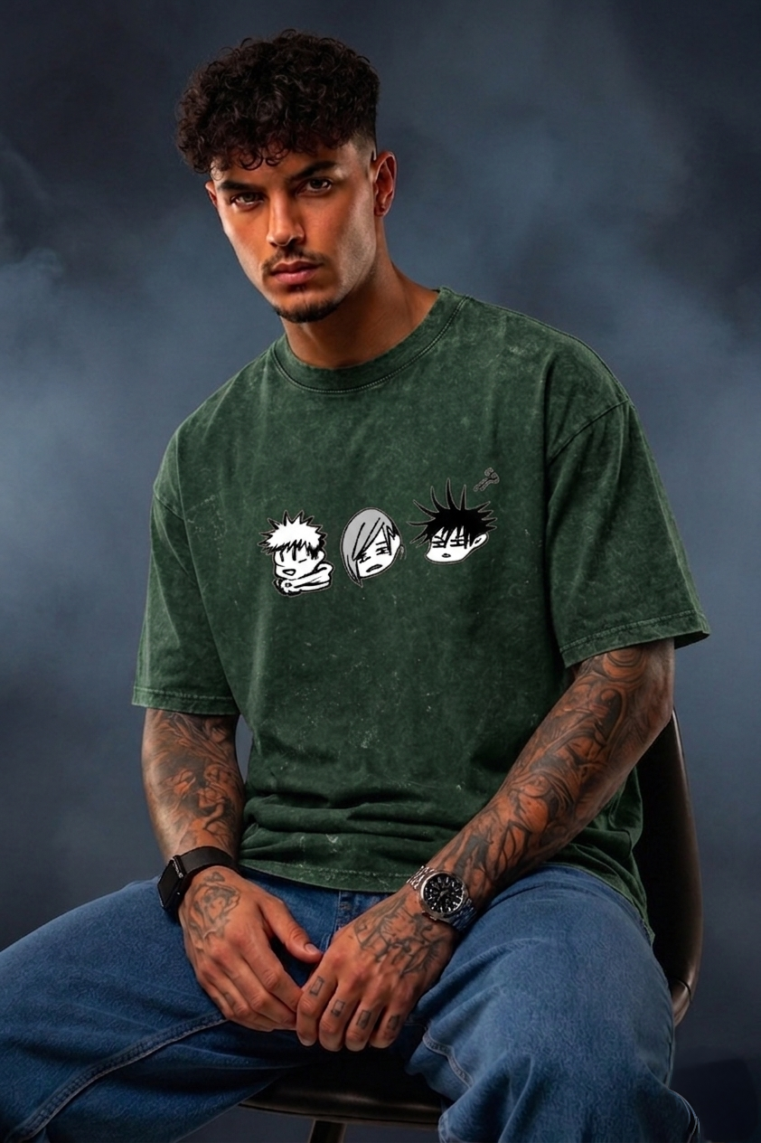 Anime Trio Oversized Acid Wash T-Shirt for Men | Pure Cotton Streetwear Tee