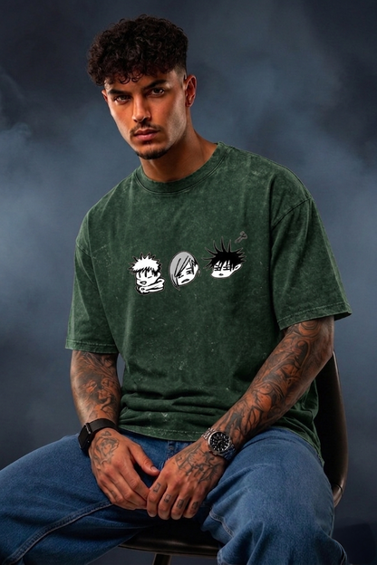 Anime Trio Oversized Acid Wash T-Shirt for Men | Pure Cotton Streetwear Tee